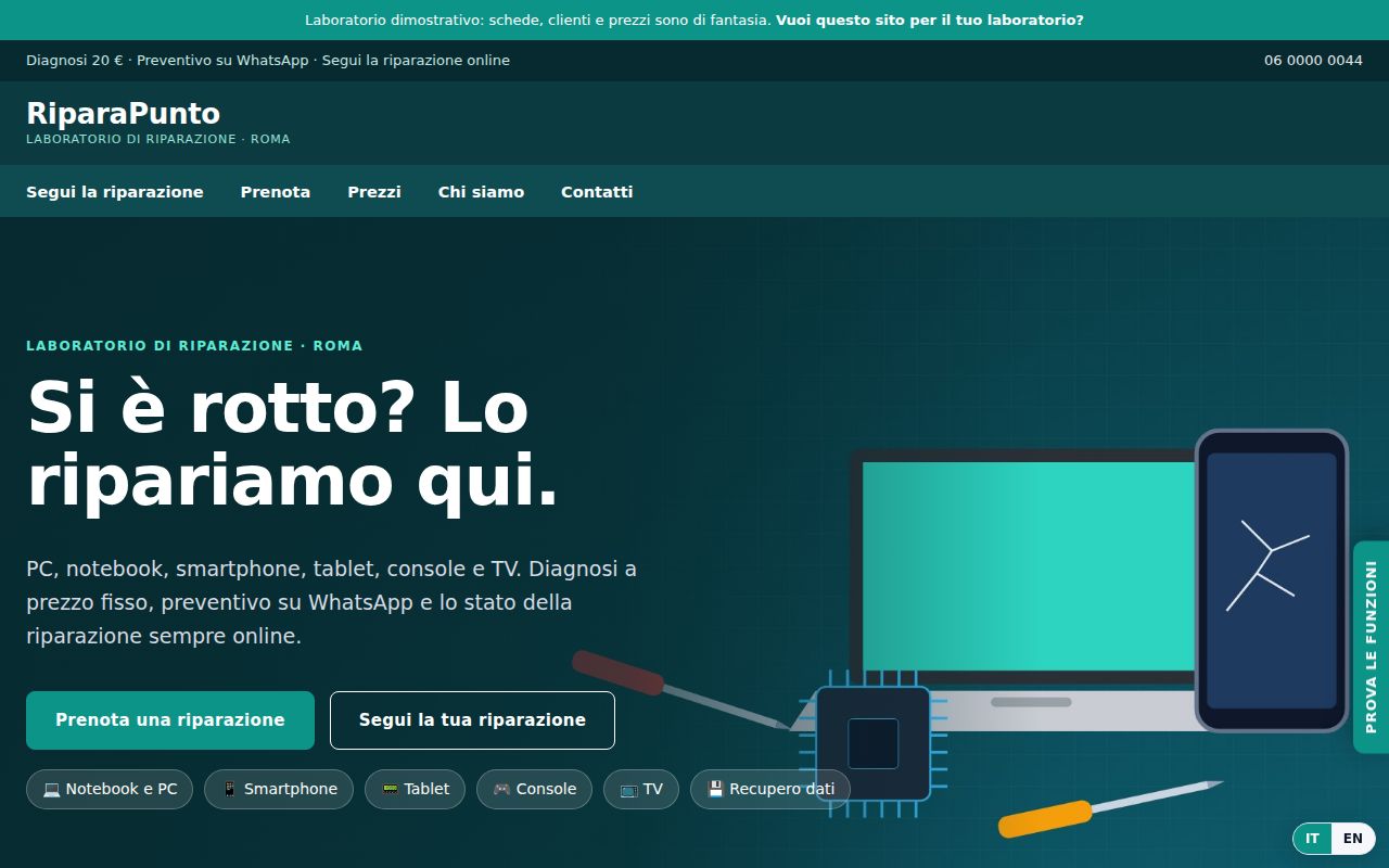 Demo laboratorio riparazioni, pagina iniziale